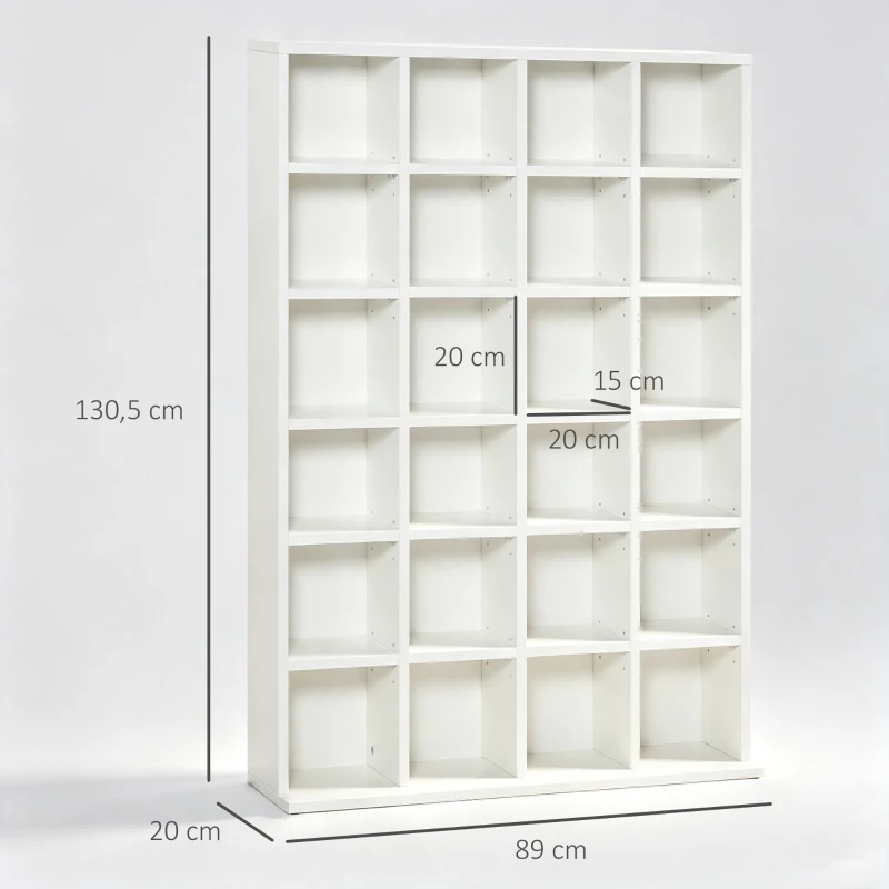 HOMCOM Estantería para 456 CDs y 336 DVDs con 24 Compartimentos Estantes Ajustables para Salón Oficina 89x20x130,5 cm Blanco