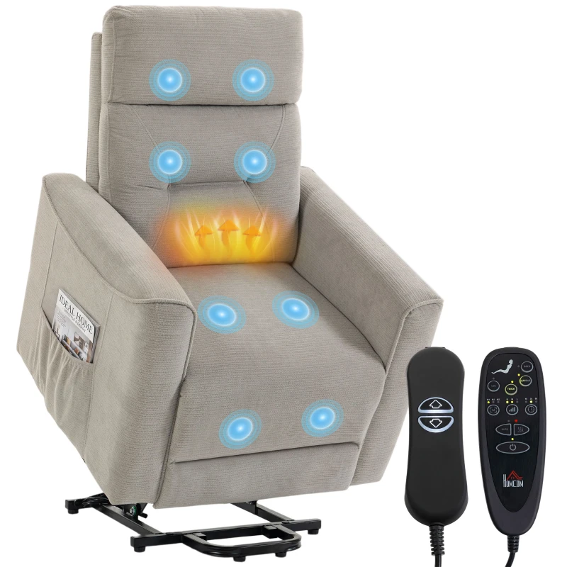 HOMCOM Fotoliu Ridicător Electric cu Masaj prin Vibrații și Încălzire, Fotoliu Relax Electric, Spătar Reclinabil, Chenille, Gri