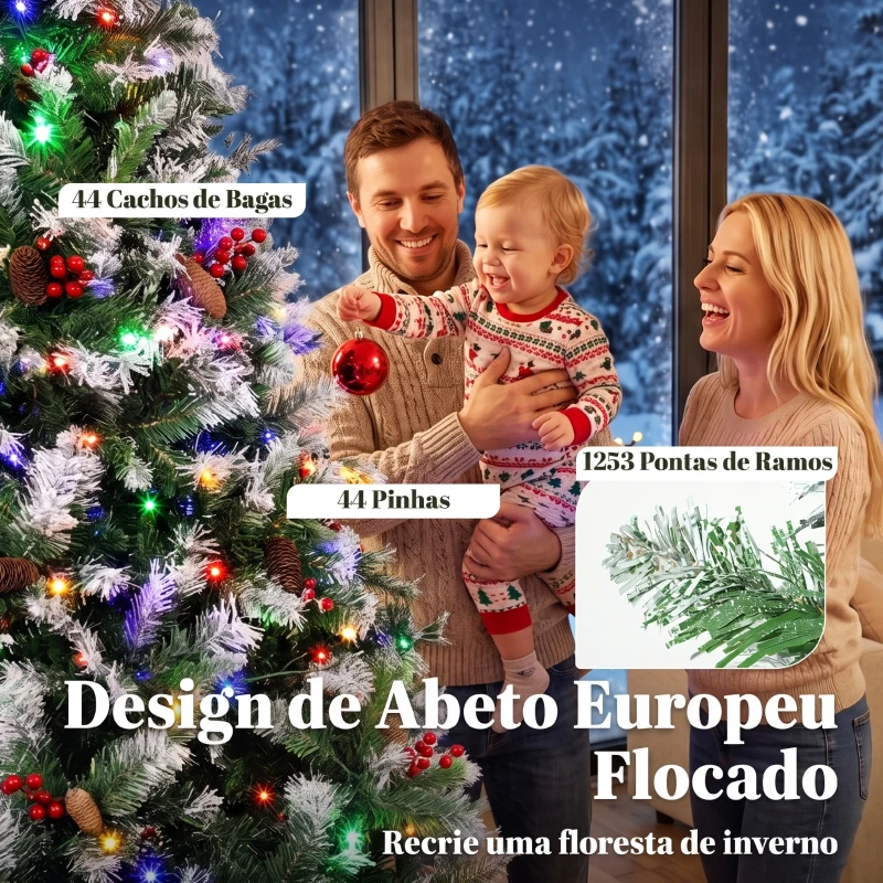 HOMCOM Árvore de Natal Nevada 210 cm com 400 LED 11 Modos Comando à Distância 1253 Pontas 44 Pinhas e 44 Bagas