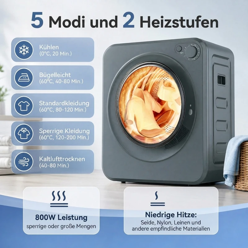 HOMCOM Mini Wäschetrockner 4 kg mit 5 Programme bis zu 60℃ 800W/400W Ablufttrockner mit Edelstahltrommel Grau