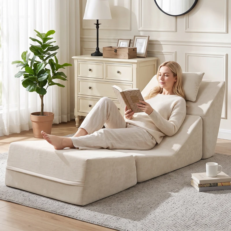 HOMCOM Sofá-Cama Dobrável 3 em 1 Poltrona 1 Lugar Conversível em Chenille Almofada e Encosto Compacto sem Montagem Bege