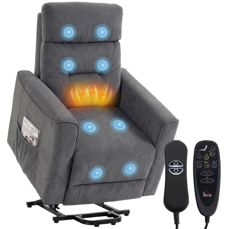HOMCOM Fauteuil relax avec aide électrique au lever, massage & chaleur, fauteuil chenille à ressorts ensachés, gris foncé