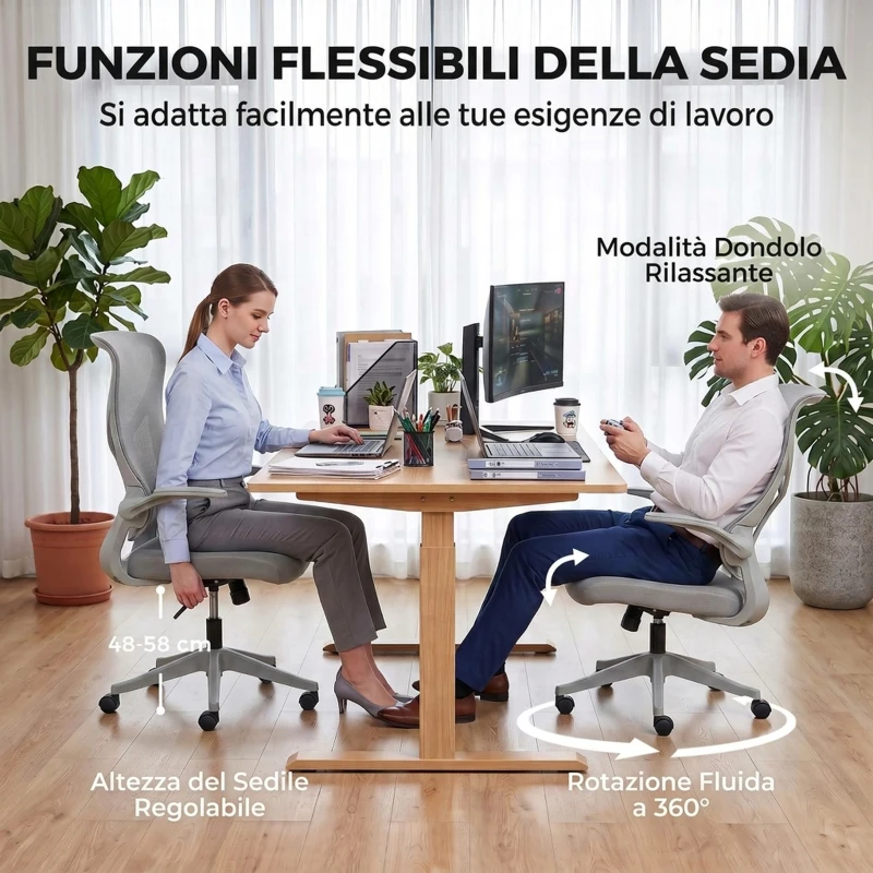 HOMCOM Sedia da Ufficio Ergonomica Girevole con Braccioli Ribaltabili, Dondolo e Altezza Regolabile, Grigio