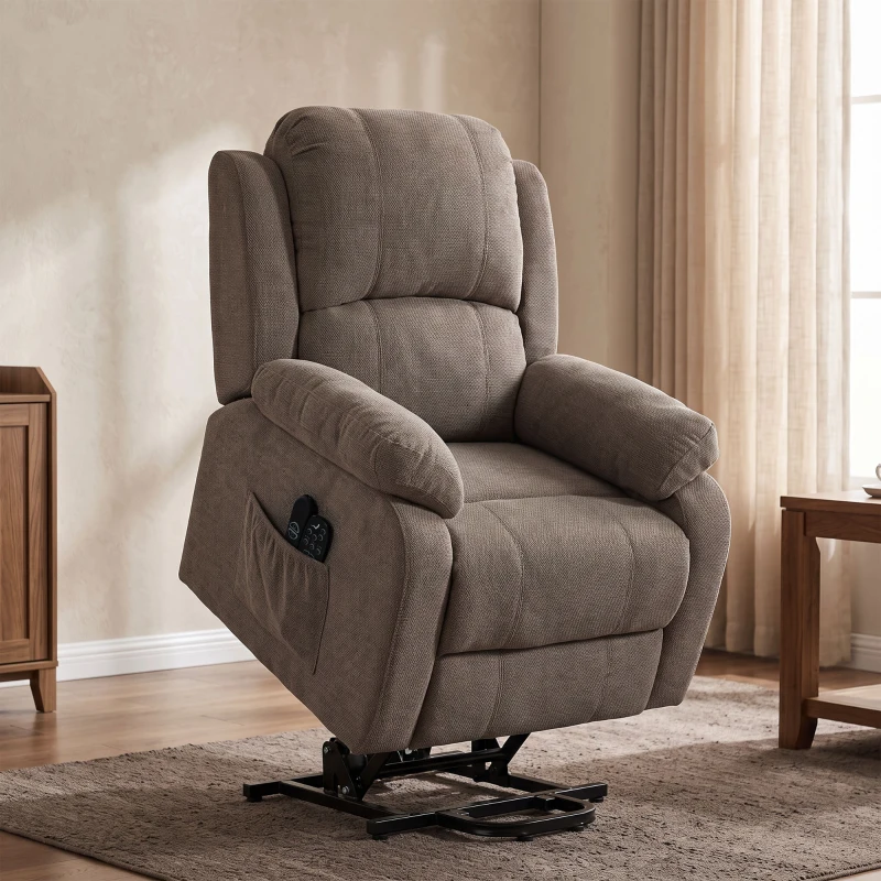 HOMCOM Fauteuil Releveur Électrique Inclinable avec Massage et Chauffage en Tissu Effet Lin Marron Clair