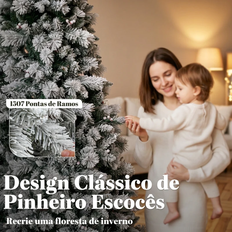 HOMCOM Árvore de Natal Artificial 270 cm com 1507 Ramos Base Metálica Dobrável e Montagem Rápida Branca
