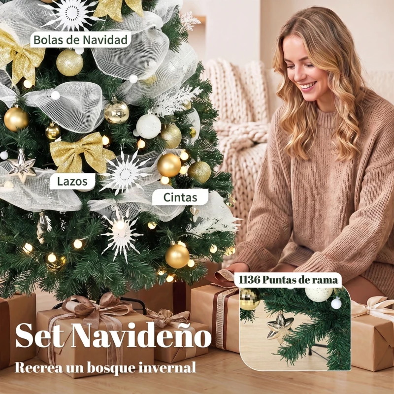 HOMCOM Árbol de Navidad 230 cm con 250 LED 1136 Ramas 8 Modos Bolas Cintas y Lazos Mando a Distancia y Base Plegable Verde