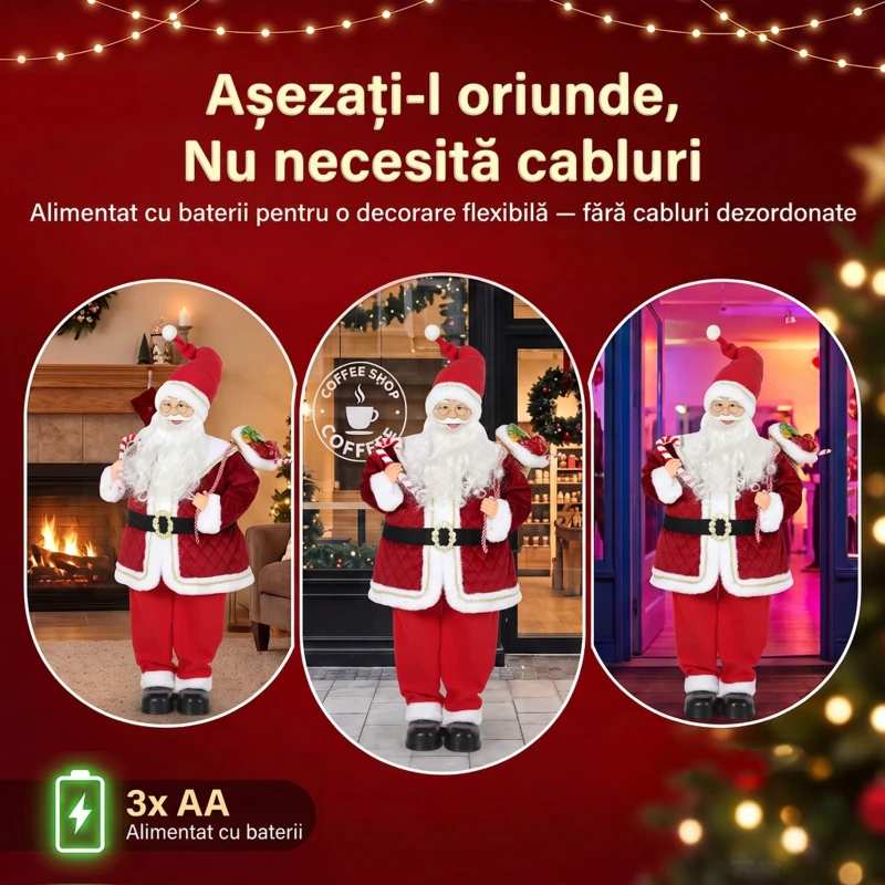 HOMCOM Moș Crăciun Muzical Animat, 120 cm, de Podea, cu Cap Rotativ, Roșu