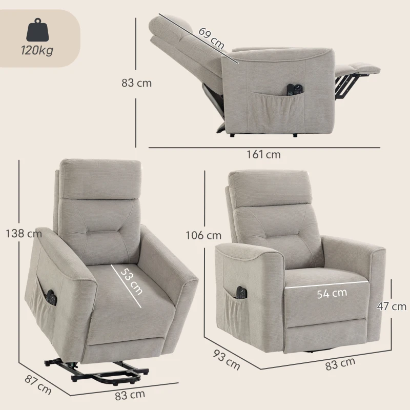 HOMCOM Fotoliu Ridicător Electric cu Masaj prin Vibrații și Încălzire, Fotoliu Relax Electric, Spătar Reclinabil, Chenille, Gri