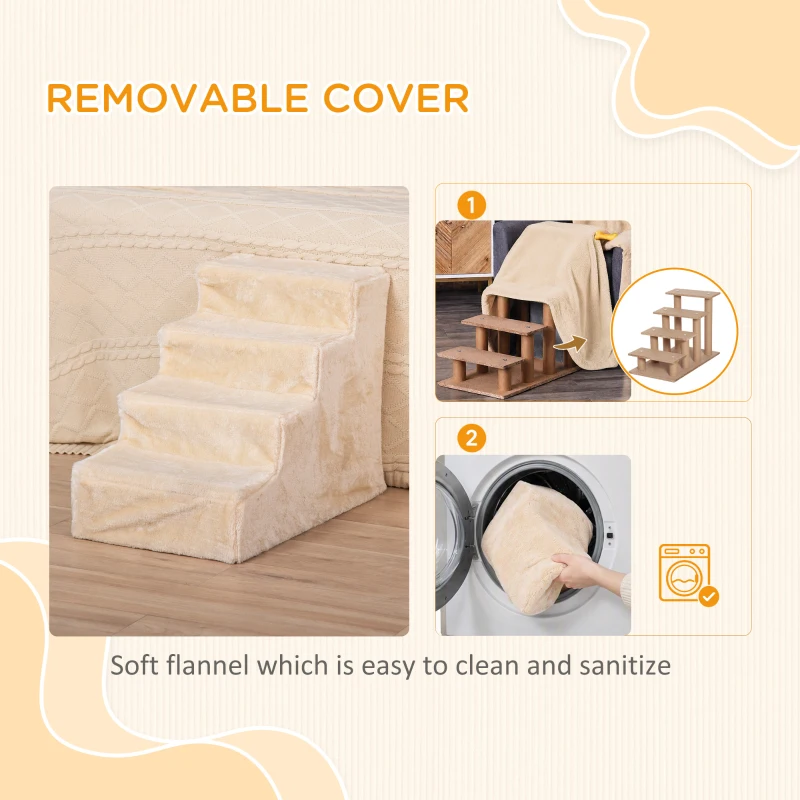 PawHut Four-Step Dog Stairs, with Washable Plush Cover, for High Bed Sofa, Dog Stairs for Small Dog and Cat - Beige