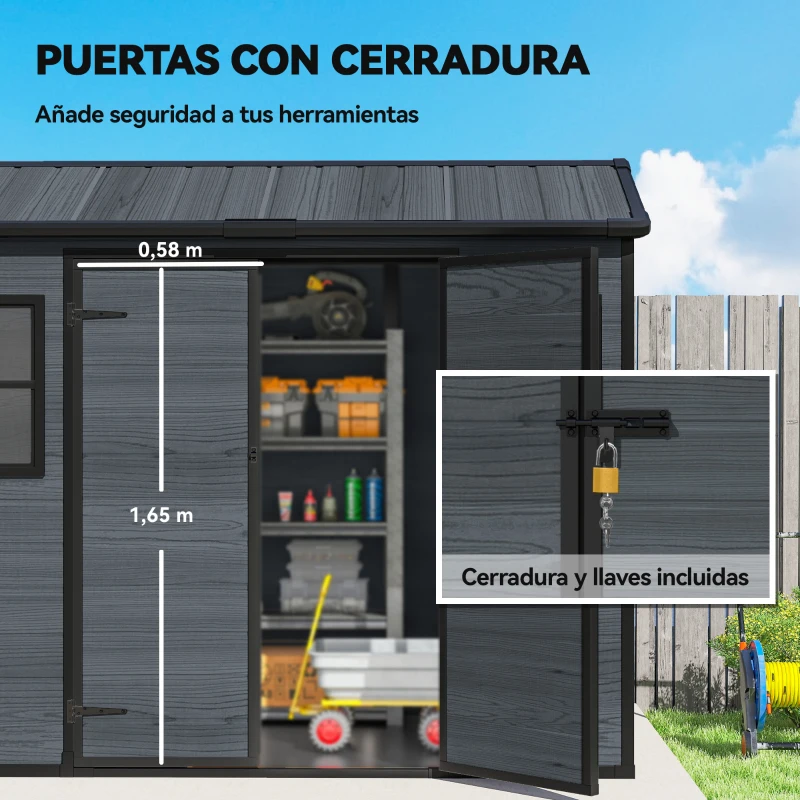 Outsunny Cobertizo de Jardín Exterior 2,77 m² 244x131x201 cm con Suelo Puertas con Pestillo Ventanas y Ventilación Gris Oscuro