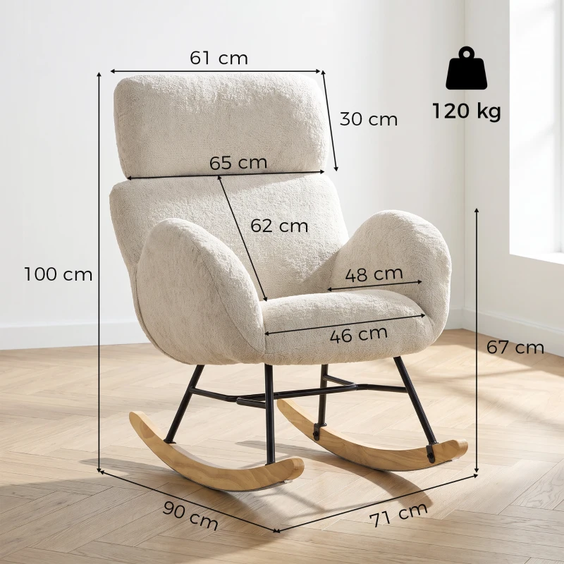 HOMCOM Fauteuil à bascule rembourré avec appui-tête réglable, velours à motif gouttes, structure en bois d'hévéa, Blanc crème