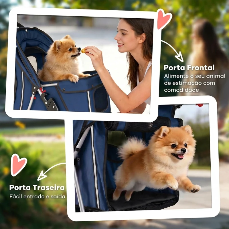 PawHut Carrinho Dobrável para Cães Pequenos até 10 kg com 3 Rodas, Capota, Cesta, Janelas em Rede e Porta-copos, Azul-Escuro