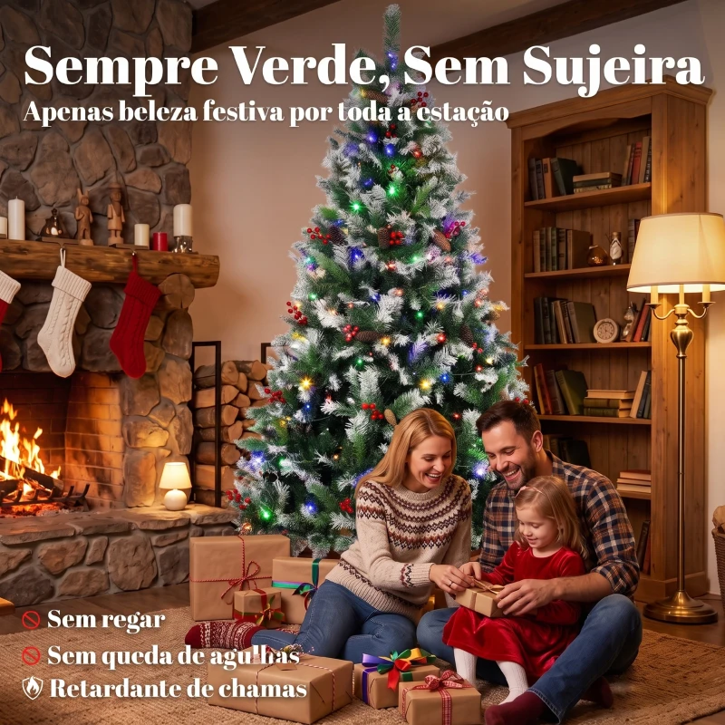 HOMCOM Árvore de Natal Nevada 180 cm com 250 LED, 11 Modos, Comando à Distância, 840 Pontas, 34 Pinhas e 34 Bagas, Verde