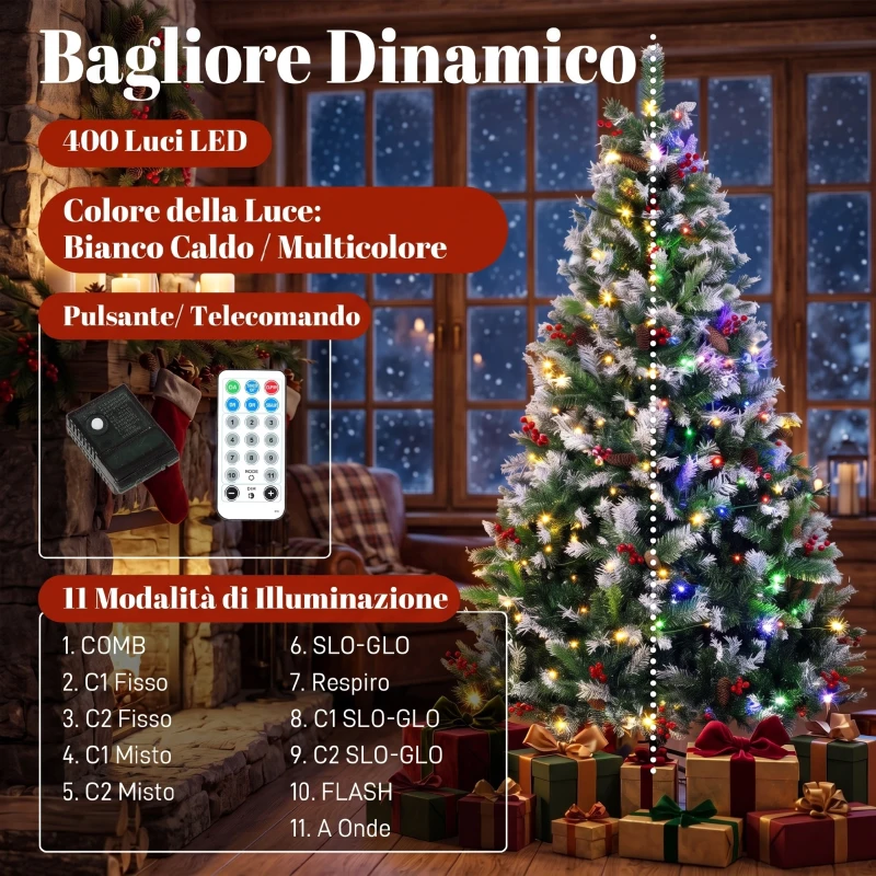 HOMCOM Albero di Natale Innevato 210cm, 400 Luci LED a 2 Colori, Telecomando, 11 Modalità, 1253 Rami, Pigne, Bacche Rosse