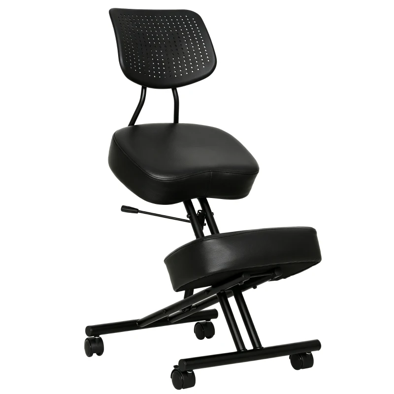 HOMCOM Cadeira de Joelhos Ergonómica com Encosto Assento Sentado-de-Joelhos Regulável em PU com Rodízios Preto