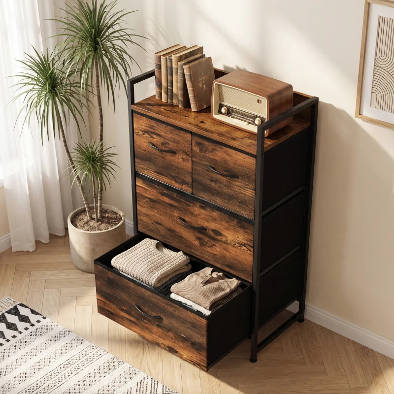 HOMCOM Rustic Chest of Four Fabric Drawers - Rustic Brown