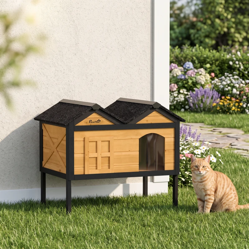 PawHut Wooden Cat House Outdoor Indoor with Weatherproof Asphalt Roof, Side Cleaning Door, PVC Curtain