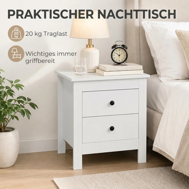 HOMCOM Modern nachtkastje met 2 lades, bijzettafel met antislippads voor de slaapkamer, wit