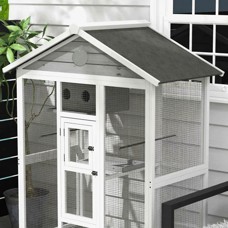 PawHut Houten vogelkooi met 4 zitstokken, asfaltdak, waterdicht, 112 x 68 x 154 cm(m-10)
