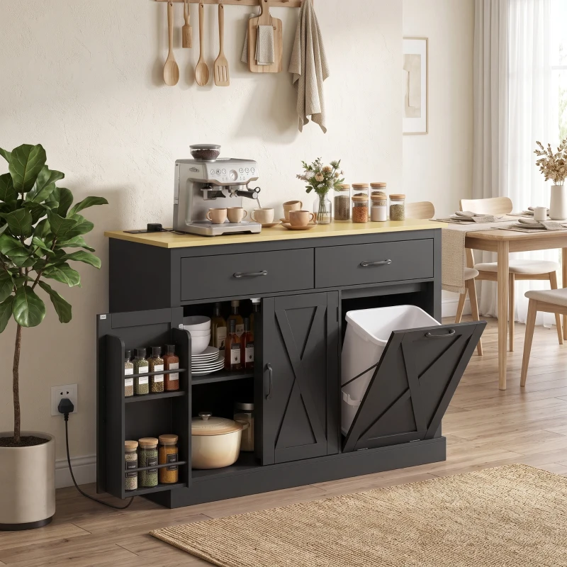 HOMCOM Tilt Out Trash Cabinet with Charging Station, Kitchen Island with Storage, 57 Liter Hidden Rubbish Bin Storage, Black