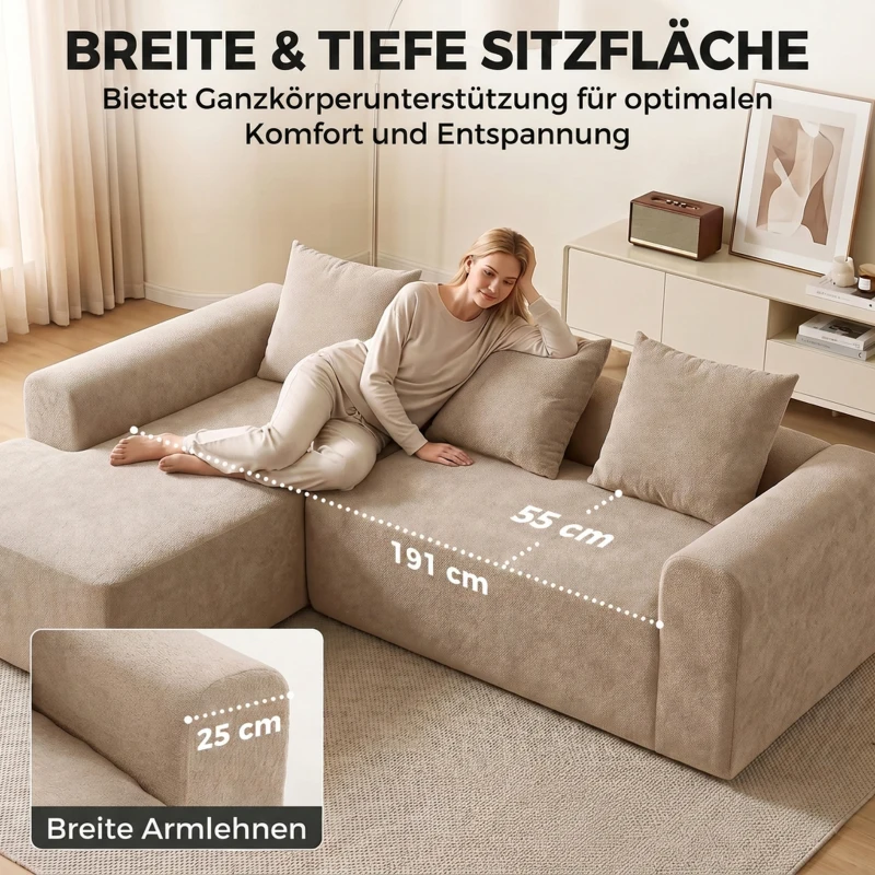 HOMCOM Ecksofa mit Chaiselongue, rahmenloses Cloud-Sofa in L-Form aus Chenille, tiefer Sitz, Taschenfedern, Beige