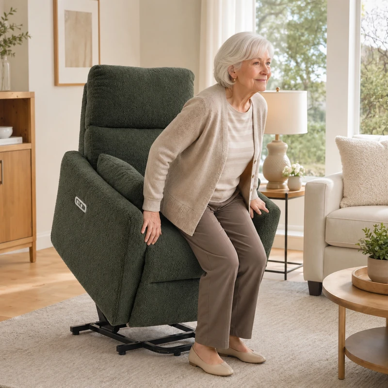 HOMCOM Sta-op-stoel met massage en warmte, elektrische relaxstoel van teddyfleece voor senioren, donkergroen