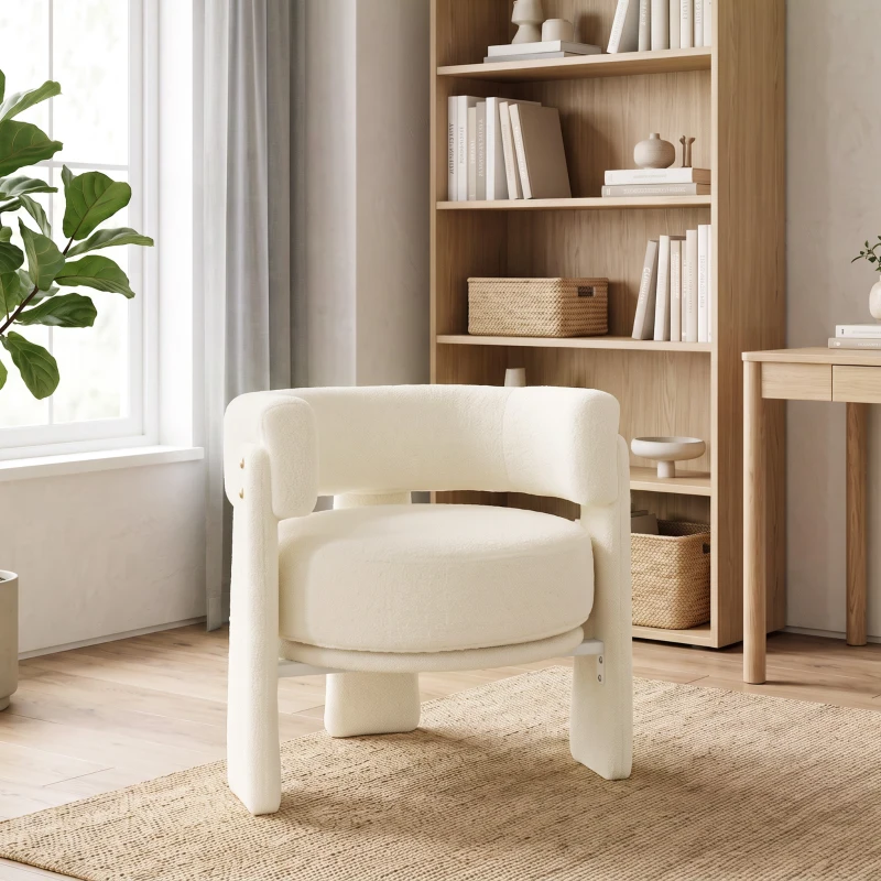 HOMCOM Poltrona em Tecido Bouclé com Almofada Lombar Assento Profundo Acolchoado e Braços Branco-Creme