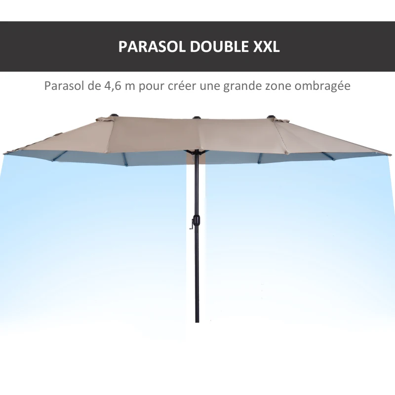 Outsunny Grande Parasol de Jardin Exterieur 4,6 x 2,7 m, Parasol Double avec Manivelle, pour Terrasse, Patio, Marron