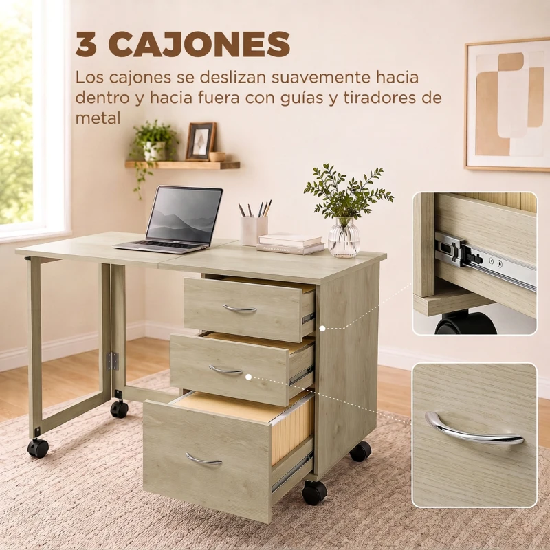 HOMCOM Escritorio Plegable con Ruedas con Freno 3 Cajones y Superficie Abatible Diseño Moderno 107x50x72 cm Roble