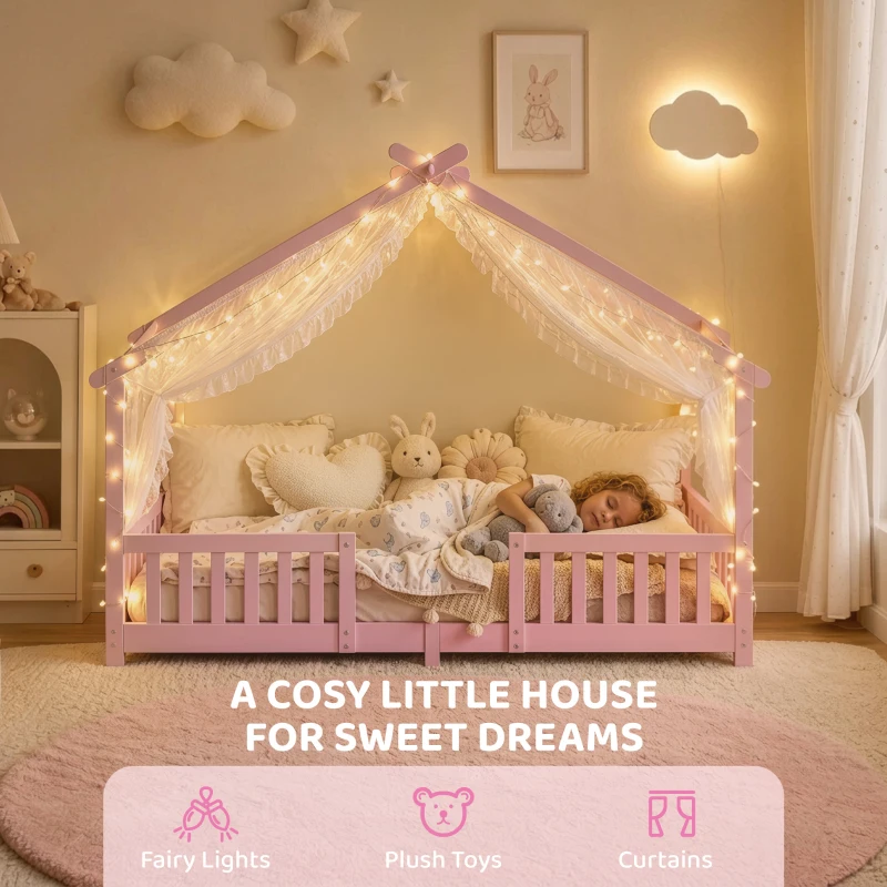 AIYAPLAY Wooden Kids House Single Bed Frame, Solid Pine Wood Toddler Bed with Dual Guardrails for Children, Boys, Girls, Pink