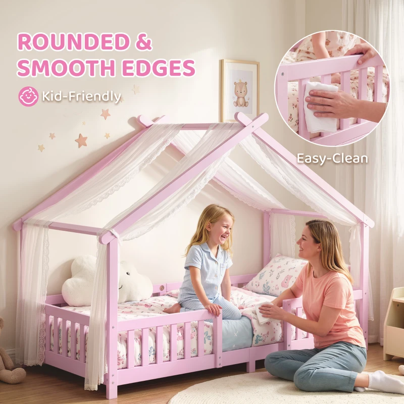 AIYAPLAY Lit Cabane Enfant 90x200 cm, Lit Enfant en Forme de Maison avec Barrières de Sécurité et Sommier à Lattes Solides, Rose