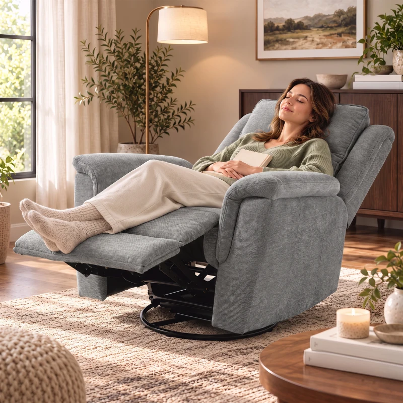 HOMCOM Poltrona Reclinabile Manuale 155° con Poggiapiedi, Girevole a 360° in Ciniglia, Grigio Chiaro
