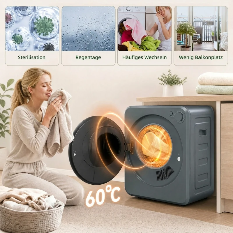 HOMCOM Mini Wäschetrockner 4 kg mit 5 Programme bis zu 60℃ 800W/400W Ablufttrockner mit Edelstahltrommel Grau