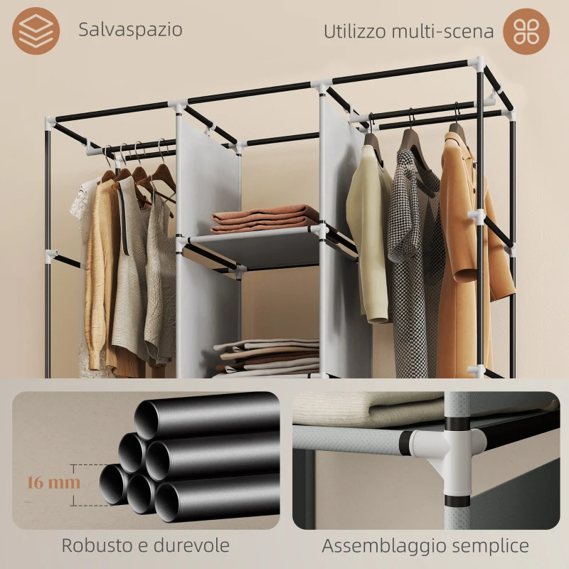 HOMCOM Armadio Salvaspazio con Base Rialzata, 8 Ripiani e 2 Barre, in Tessuto non Tessuto e Acciaio, Grigio Chiaro