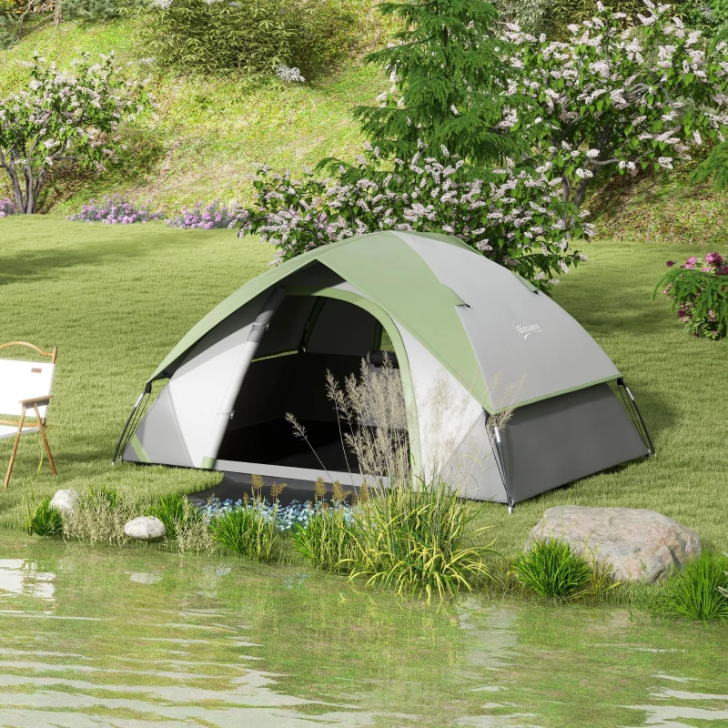 Outsunny Tenda da Campeggio 2 Posti con Finestra a Rete, in Poliestere, Fibra di Vetro e PE, 210x150x110 cm, Grigio e Verde