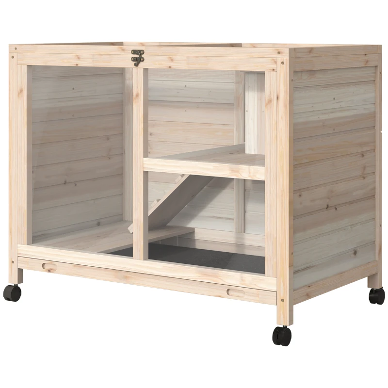 PawHut Cage à lapin clapier sur roulettes petit enclos animaux en bois massif 2 étages toit ouvrant plates-formes 91,5 x 53,3 x 73 cm bois naturel
