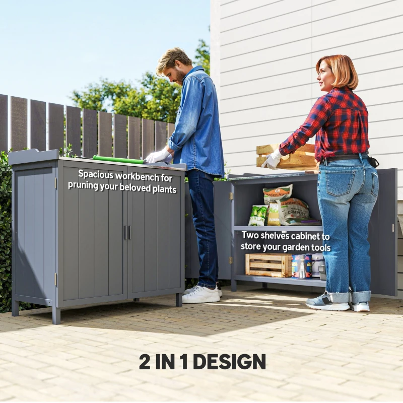 Outsunny Wood Garden Storage Cabinet, Outdoor Tool Shed, Potting Bench Table with galvanised Top and Two Shelves for garden Tools or Pool Accessories, Grey