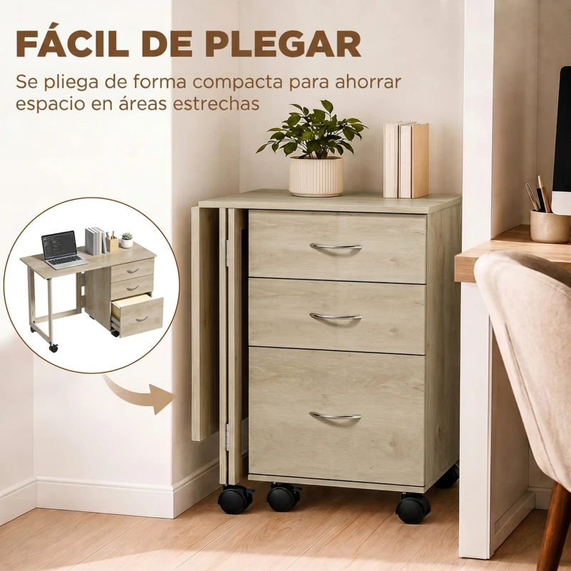 HOMCOM Escritorio Plegable con Ruedas con Freno 3 Cajones y Superficie Abatible Diseño Moderno 107x50x72 cm Roble