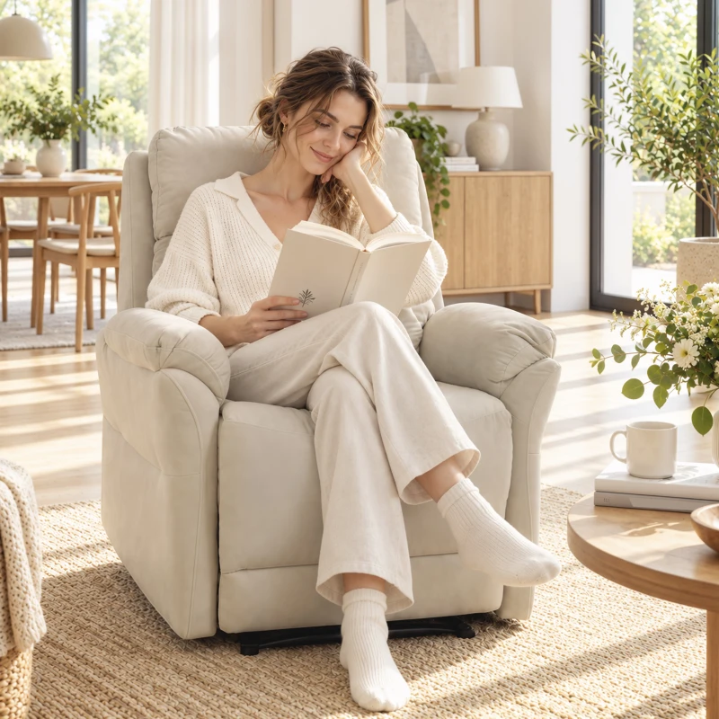 HOMCOM Poltrona Reclinável Manual Salva-Espaço com Apoio para Pés em Veludo Creme