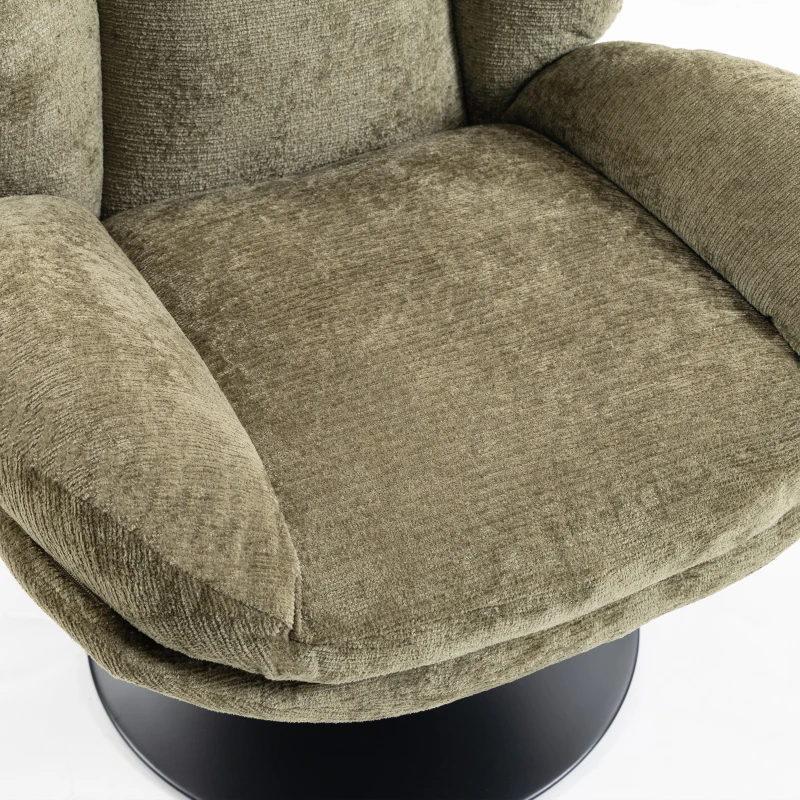 HOMCOM Modern Chenille Lazy Chair with Ottoman, 360° Swivel, Upholstered Reading Seat Set for Living Room, Dark Green