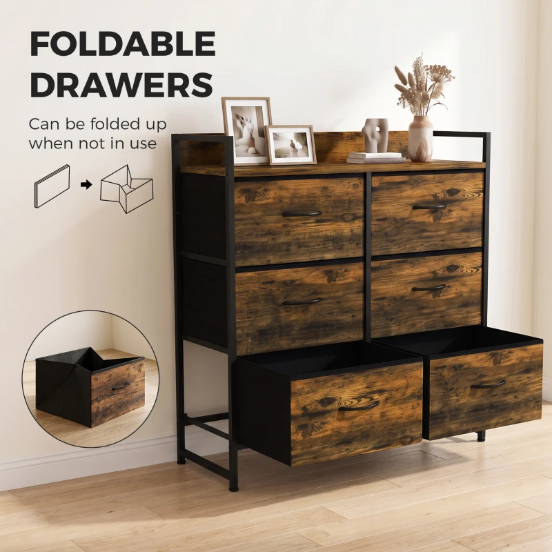 HOMCOM Rustic Chest of Six Fabric Drawers - Rustic Brown