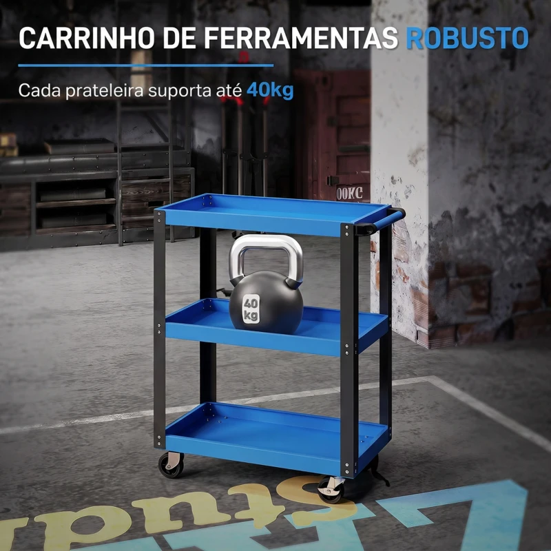 HOMCOM Carrinho de Ferramentas com 3 Prateleiras Rodas com Travão e Pega para Garagem Oficina 120 kg Azul e Preto