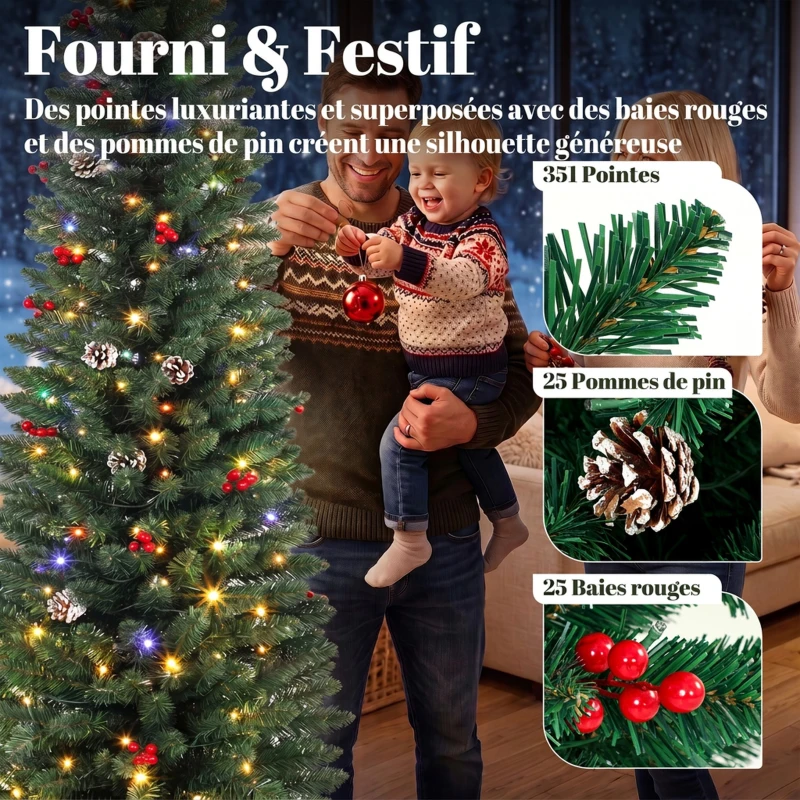 HOMCOM Sapin de Noël Artificiel Crayon 180cm, Pré-éclairé 170 LEDs, 11 Modes, 351 Branches, Télécommande, Base Amovible, Vert