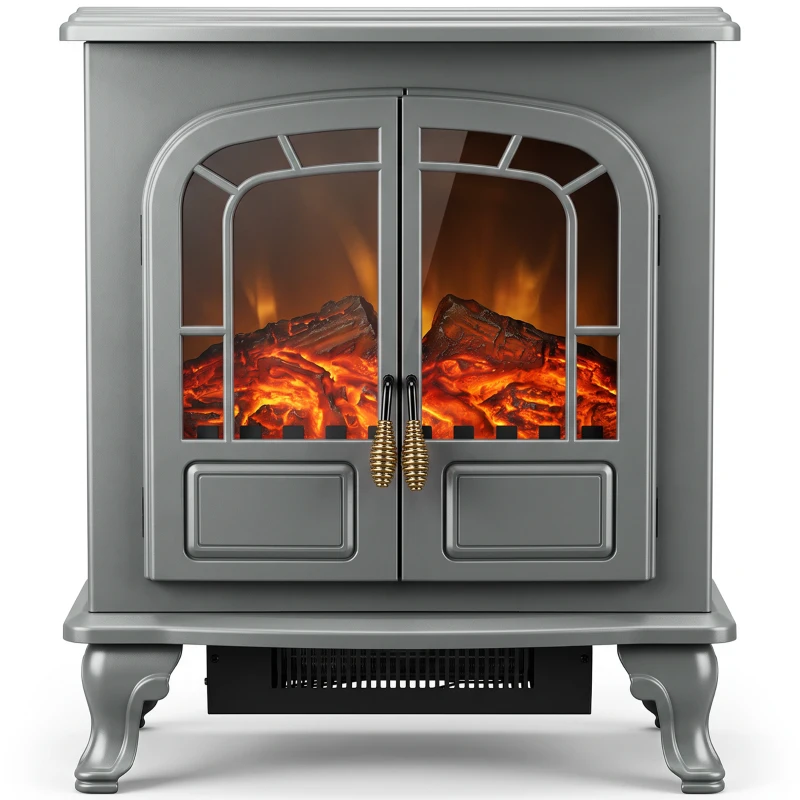 HOMCOM Freestanding Electric Fireplace Stove Heater with LED Fire Flame Effect Grey
