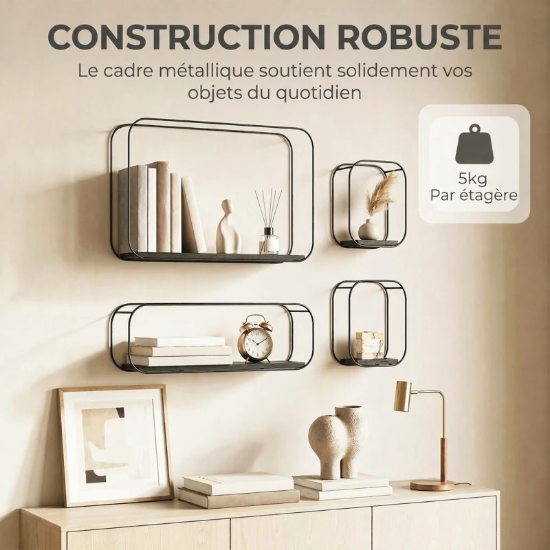 HOMCOM Lot de 4 étagères murales industrielles, étagères flottantes géométriques en métal, pour salon, chambre et bureau, noir