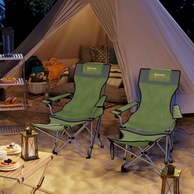 Outsunny Set 2 Sedie da Campeggio Pieghevoli con Poggiapiedi e Portabicchieri, 82x50/100x88 cm, Verde