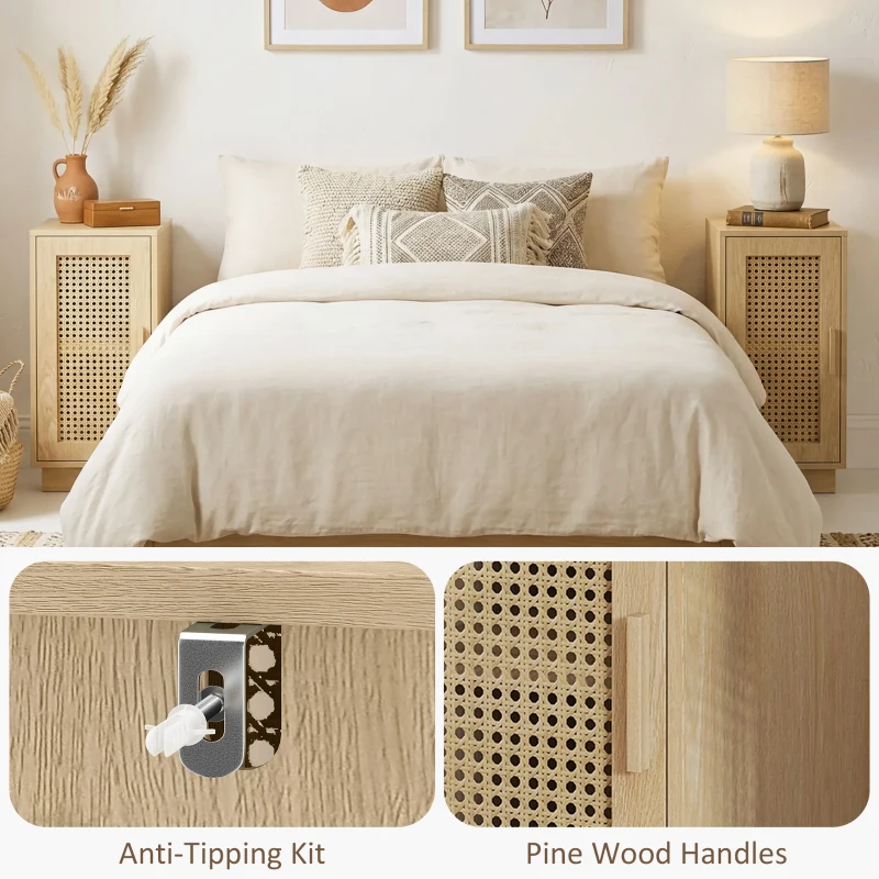 HOMCOM Set of 2 Bedside Tables with Rattan-Decor Doors, Boho Slim Nightstands with Adjustable Shelf, Natural Wood Finish