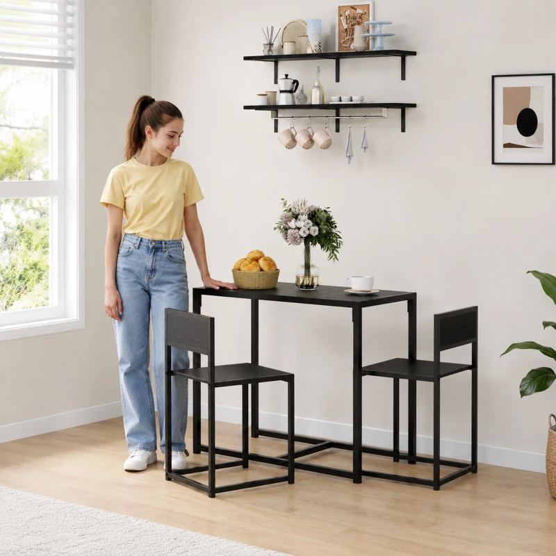 HOMCOM 3-delige Bartafelset: Hoge Set met 3 Delen, 2 Stoelen, 1 Tafel, 90 cm x 47 cm x 76 cm, Zwart