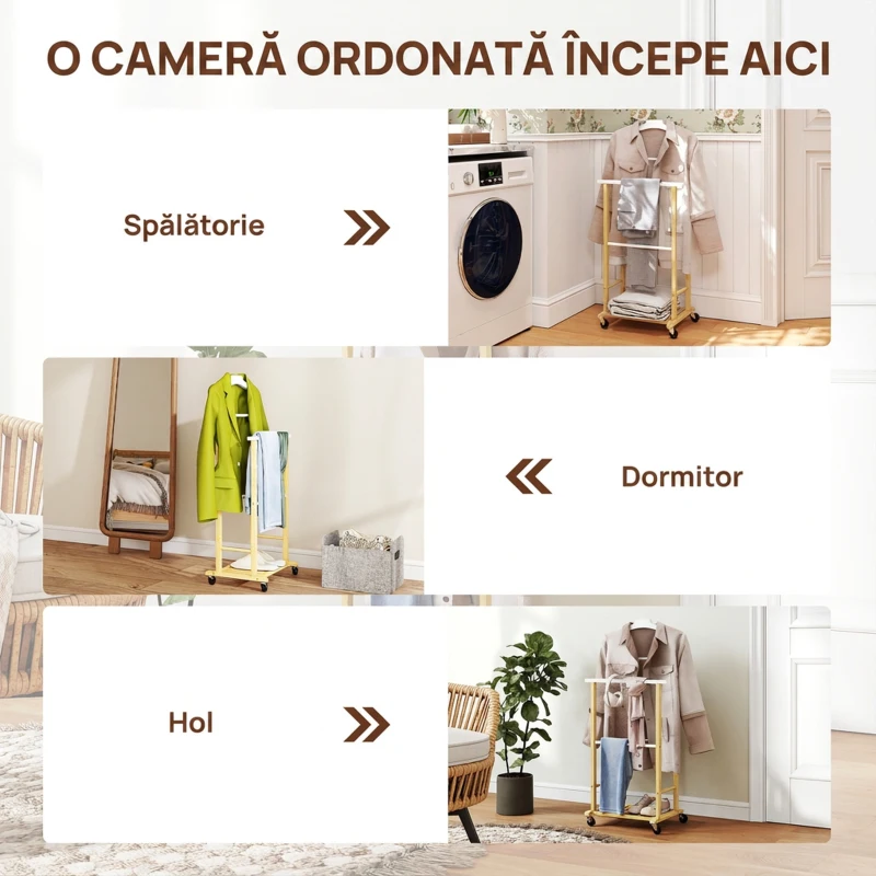 HOMCOM Cuier de Podea cu Roți, Bare și Poliță, din Bambus, Design Nordic, 47 x 33,7 x 105,5 cm, Culoare Lemn