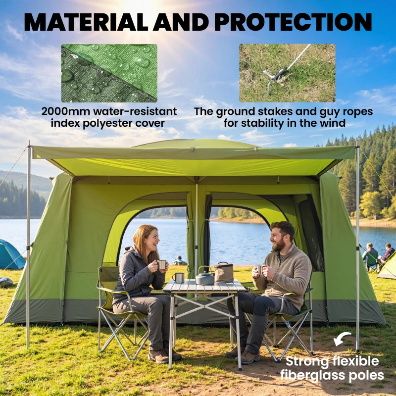 Outsunny Tunnel Tent Camping Shelter w/ Porch, Two Rooms, Lamp Hook, Portable Carry Bag
